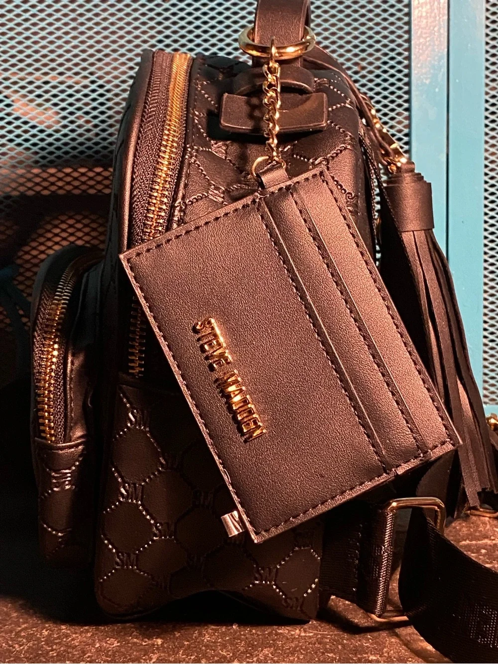 NWOT Steve Madden small backpack,tassel logo keychain,credit card wallet,black